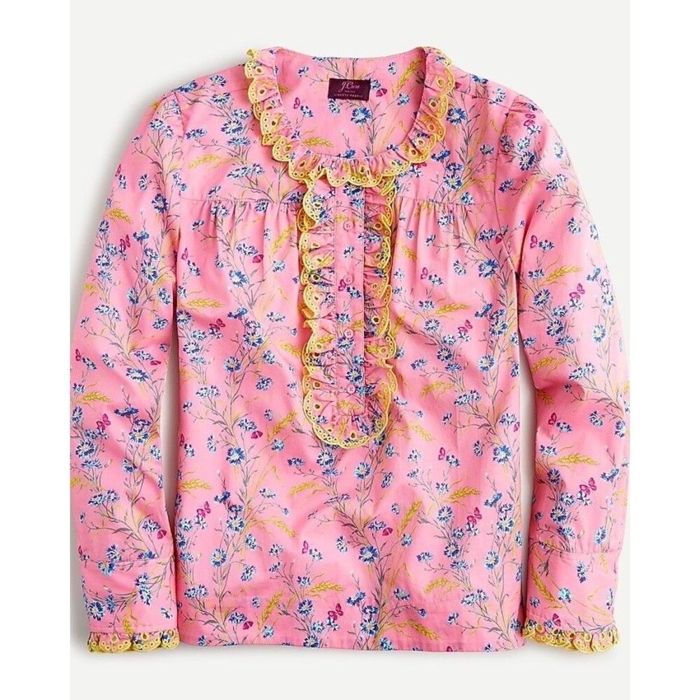 NWT J. Crew Pink Ruffle Blouse Wheat Bouquet Floral Cottage Print Women XS (B4)